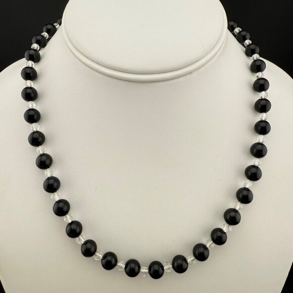 Black Gemstone & Clear Gemstone Sterling Silver Bead Necklace With Lobster Clasp - Picture 1 of 8
